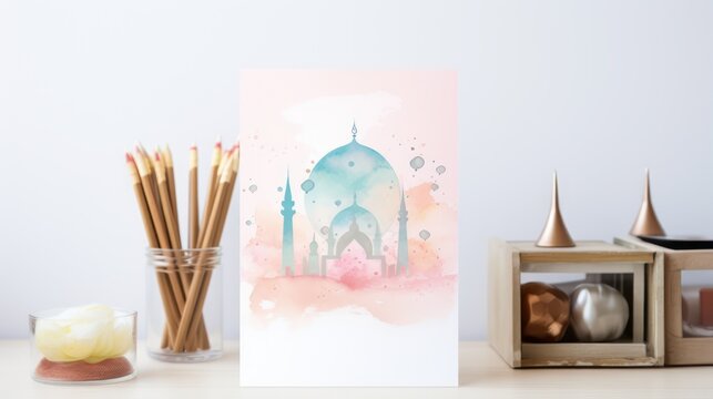 Mockup of Eid al-Fitr and Ramadan Mubarak greeting cards, with pencil decorations and ornaments on a white table.