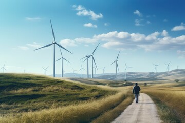 Obraz premium An engineer is walking, around the road at a wind farm 