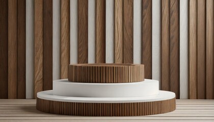 a realistic 3D representation of a brown wood and white cylindrical pedestal podium, featuring a vertical wood pattern background for an elegant and sophisticated visual presentation