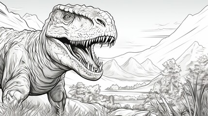 Angry tyrannosaurus rex with open huge mouth, sketch. Hand-drawn carnivorous dinosaur.