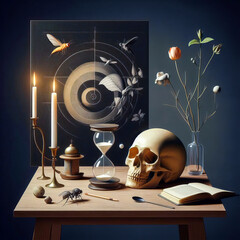 3d render of still life with candle, skull, book and hourglass