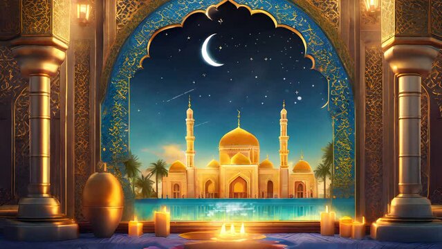 Ramdan Kareem: The Mosque by the Reflecting Pool Beneath the Crescent Moon and Falling Stars