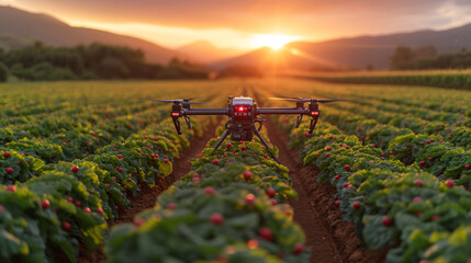 Agricultural Drone Over Farm Field at Sunset, Precision Farming Technology - obrazy, fototapety, plakaty