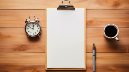 Time management essentials: clipboard, pen, and alarm clock on wooden desk

