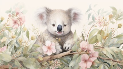 Koala animal cartoon painting illustration with flowering plants.