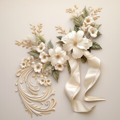 Flower decorations, botanicals and ribbon border the wedding frame are beautiful and feminine.