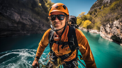 Canyoneering, Cliffside rappelling, Canyon explorations, Adventure abseiling, Harness and gear, Vertical descents, Rocky landscapes, Extreme descents, Adrenaline-fueled feats, Nature's challenge - obrazy, fototapety, plakaty
