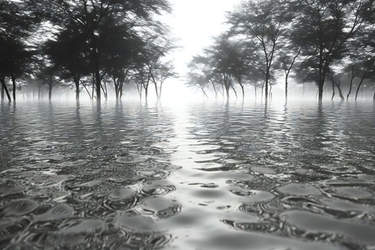 Reflection of trees in a foggy lake, natural landscape background