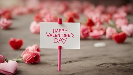 card with roses, Happy valentine's day Written with a marker on stake note.