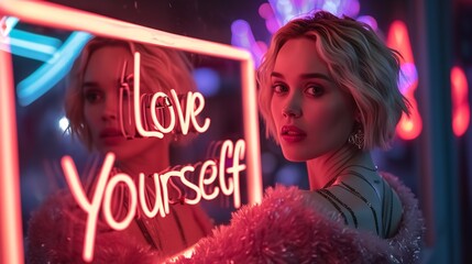 Beautiful blonde woman looking herself in mirror with love yourself written on it, Generative AI. - obrazy, fototapety, plakaty