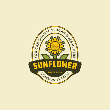 Vintage Badge Rustic sunflower Farm Logo Design Vector Illustration
