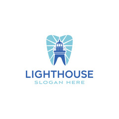 Lighthouse Searchlight Beacon searchlight ocean with Tooth teeth Dentist dental Logo Design Inspiration