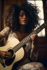 Obraz premium Vintage Portrait of an African American Young Woman Playing a Worn Acoustic Guitar in Nostalgic Hues, Vertical Photography Format 2:3