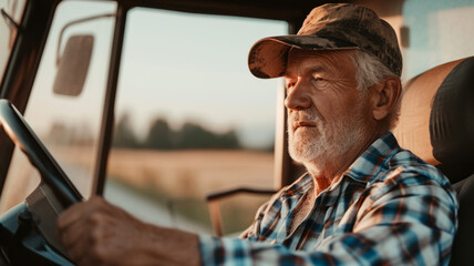 Mature senior farmer driving tractor on field