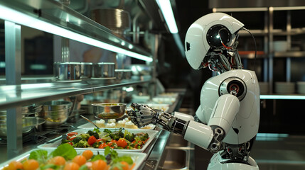 At a Michelin-starred restaurant, an advanced robot chef demonstrates his culinary prowess at a carefully curated vegetarian buffet set against an unusual backdrop. New technologies.