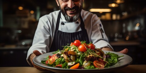 Proud chef presenting a fresh salad with a smile. gourmet dish in a cozy restaurant setting. healthy eating. AI