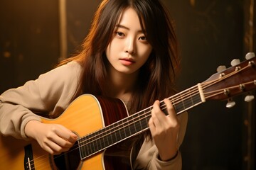 Vintage Vibes: Korean or Japanese Young Woman Playing a Worn Acoustic Guitar in Nostalgic Hues, Horizontal Photography Format 3:2