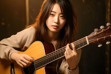 Obraz premium Vintage Vibes: Korean or Japanese Young Woman Playing a Worn Acoustic Guitar in Nostalgic Hues, Horizontal Photography Format 3:2