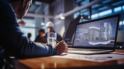 Engineers pointing to building on blueprint and using laptop to drawing design building Project in office