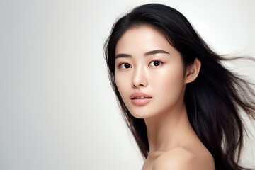 Beautiful young asian woman with clean fresh skin on white background, 