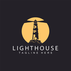 Fototapeta na wymiar Lighthouse logo vector beacon tower ship signal simple beach port design template