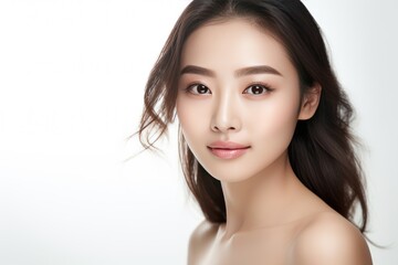 Fototapeta premium Beautiful young asian woman with clean fresh skin on white background, 