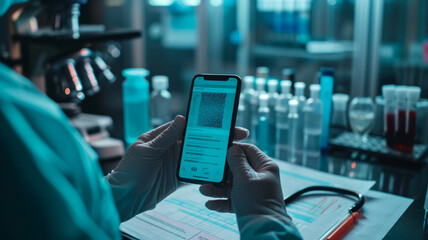 A phone screen displaying a QR code for medical test results of drugs, viruses, and bacteria, accessible through a laboratory app. It includes healthcare information like monkeypox and provides online - obrazy, fototapety, plakaty