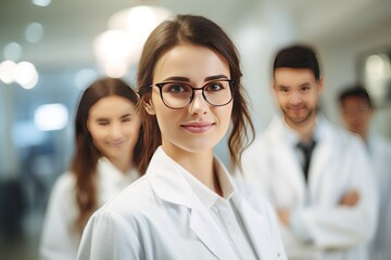 Fototapeta premium Beautiful young woman scientist wearing white coat and glasses in modern Medical Science Laboratory 