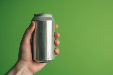 hand holding a of bottle on green background.