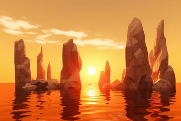 Papier Peint photo Orange Fantasy landscape with icebergs at sunset
