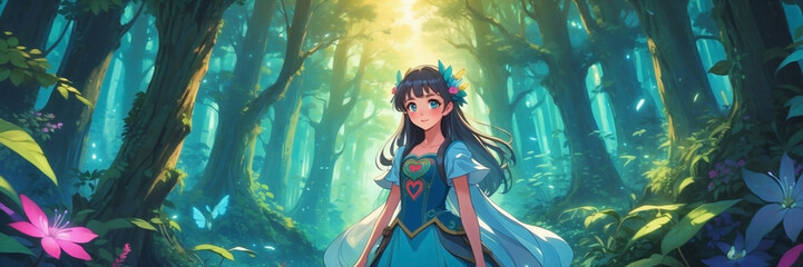 beautiful anime girl with blue eyes and blue dress, in the forest, desktop wallpaper