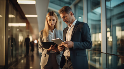 a serious female administrative manager walks in an office with a digital tablet