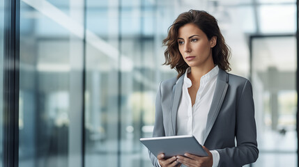 a serious female administrative manager strides through the office with purpose, holding a digital tablet