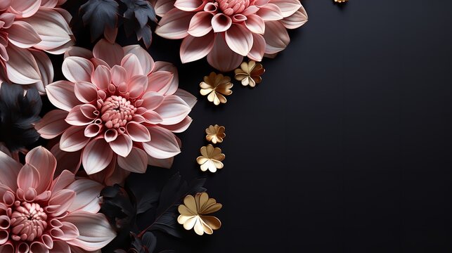Chrysanthemum blossoms in various hues against a dark backdrop, big copy space, Generative AI.