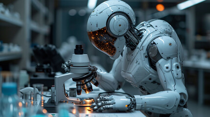 Robotic Scientist Using Microscope, AI in Laboratory Research, High-Tech Science