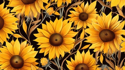 Sunflowers Pattern illustration of golden yellow blooming, flower beauty nature background wallpaper.