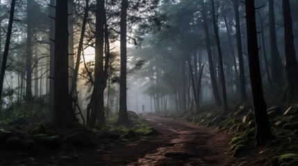 Amidst the trees, the mystical forest is cloaked in a mystical mist, evoking a sense of wonder and magic.