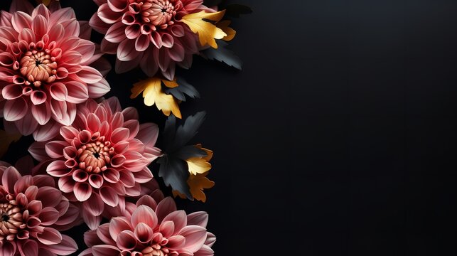 Chrysanthemum blossoms in various hues against a dark backdrop, big copy space, Generative AI.