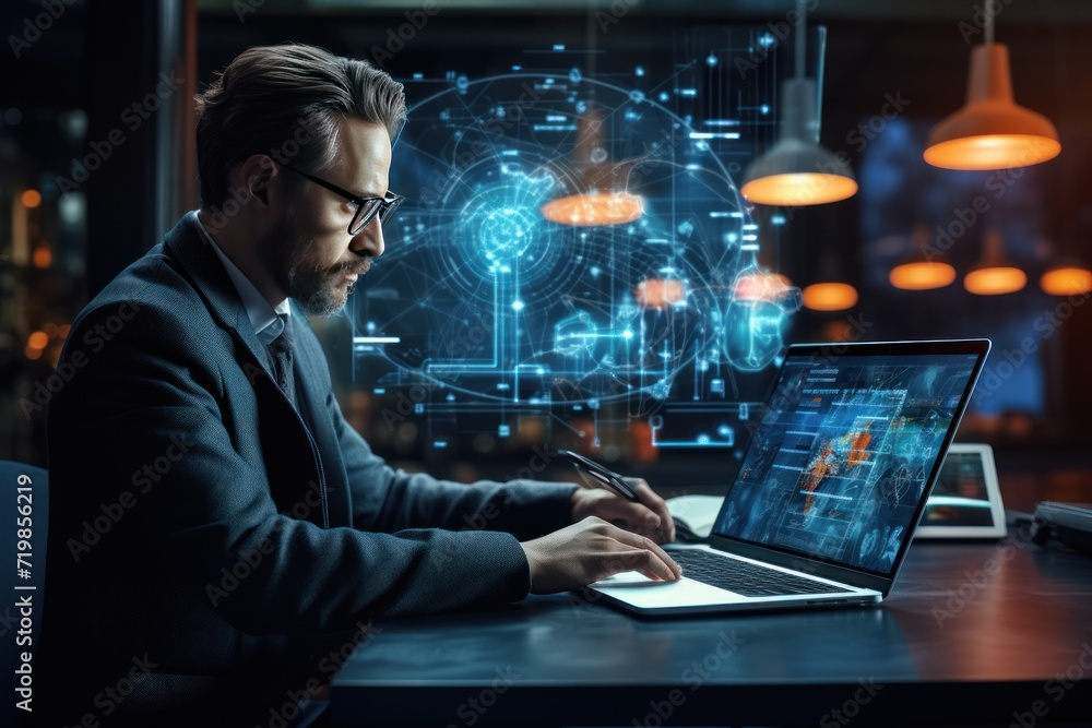 Aufkleber businessman working on laptop computer with ai analyzing big data
