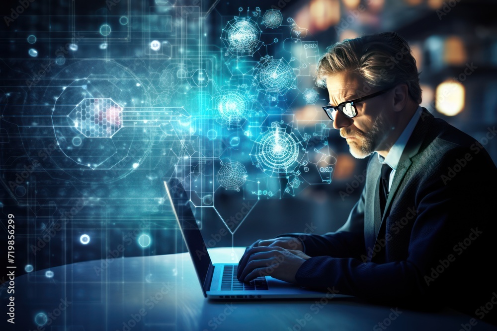 Aufkleber businessman working on laptop computer with ai analyzing big data