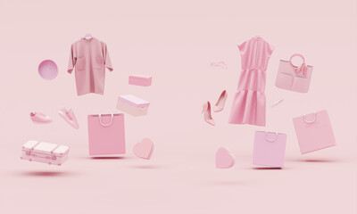 Women fashion pink accessories bag, high heels, perfume, glasses, lipstick, heart gift box in bag shopping on pink background. Advertisement idea. Creative compositing. 3d render, social media