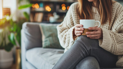 Relax, calm, woman drinking coffee in the living room on a sofa in her modern house - Powered by Adobe