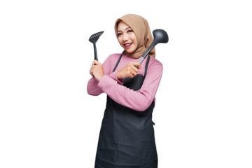 hijab muslim cooking woman with spatula and cook tools isolated transparent