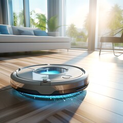 Modern robotic vacuum cleaner at work on a wooden floor. sunlight streaming into a clean living room. AI - obrazy, fototapety, plakaty