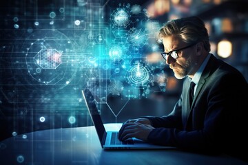 Businessman working on laptop computer with AI analyzing big data 