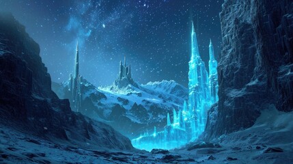 A majestic ice castle with neon towers reaching towards the starry winter sky. - obrazy, fototapety, plakaty