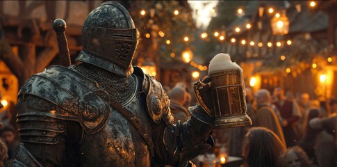 a dark souls suit of knight's armor standing holding a medieval beer stein in a crowded fey beergarden at twilight - obrazy, fototapety, plakaty