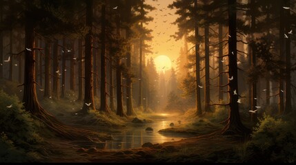 Illustration of a view of the middle of a dark pine tree forest in the morning at sunrise, In the middle there is a calm flowing creek.