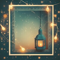 Copy space greeting card template, Ramadan kareem Mubarak theme, Islamic holiday eid al fitr, golden decoration with hanging lanterns.