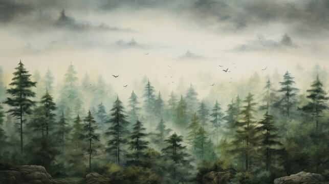 View of a pine forest in a foggy morning. Natural coolness with cloudy skies. Green spruce trees background wallpaper.